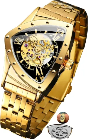 for Men germ engrave Gold Sports Mechanical Watches Luxury Stainless Steel Strap Waterproof Wristwatch Triangle Skeleton Automatic Watch 
