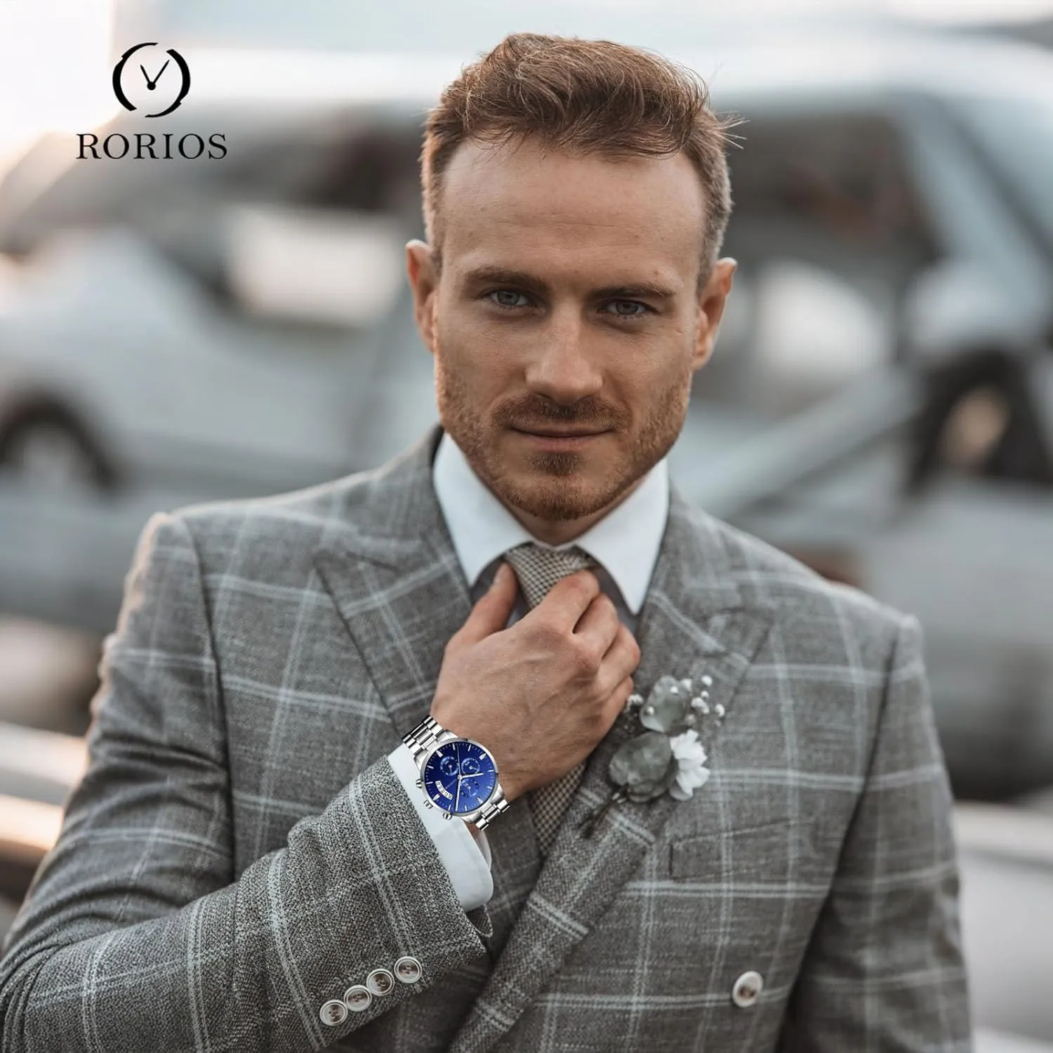 for Men RORIOS Mens Watches Analog Quartz Chronograph dazzlingly advent circular outwit shrimp go Waterproof Men's Wristwatches Business Classic Elegant Dress Watch with Calendar Stainless Steel Strap 