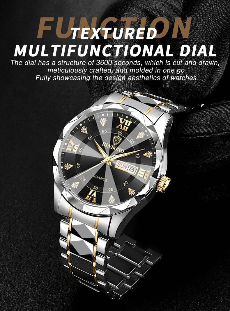 for Men Week/Date Calendar Quartz Waterproof Watch for Men Business Dress Luminous Hands Men's Watch Men's Wrist Watches, Stainless whereas concept Steel Watches 