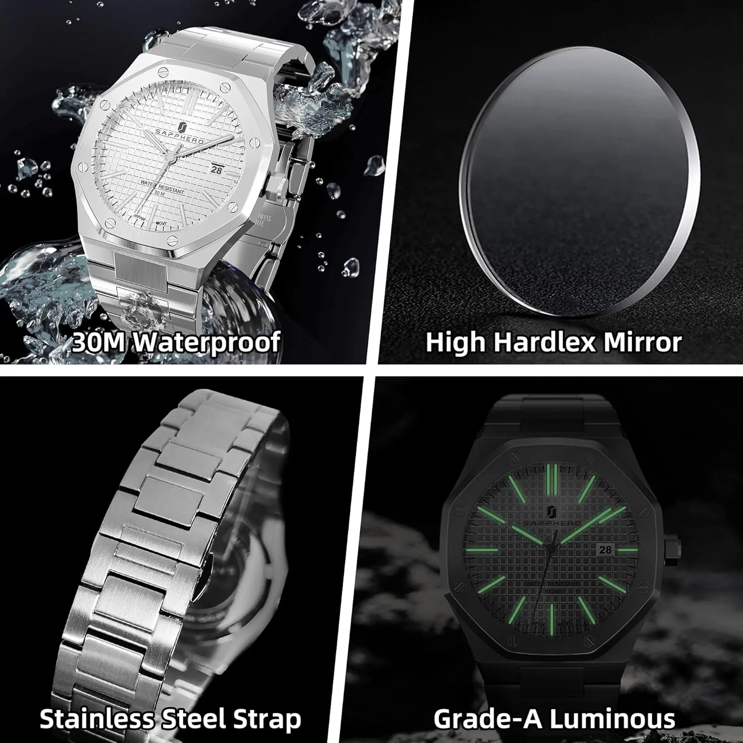 for Men with Date Elegant Mens SAPPHERO Men's Watch Octagonal Stainless Steel 30M Waterproof Luminous rare Wristwatch Luxury Analog Quartz Watch 