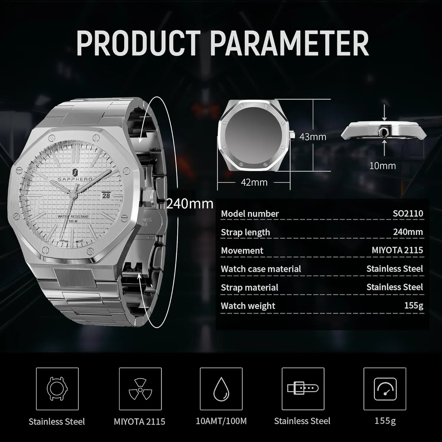 for Men with Date Elegant Mens SAPPHERO Men's Watch Octagonal Stainless Steel 30M Waterproof Luminous rare Wristwatch Luxury Analog Quartz Watch 