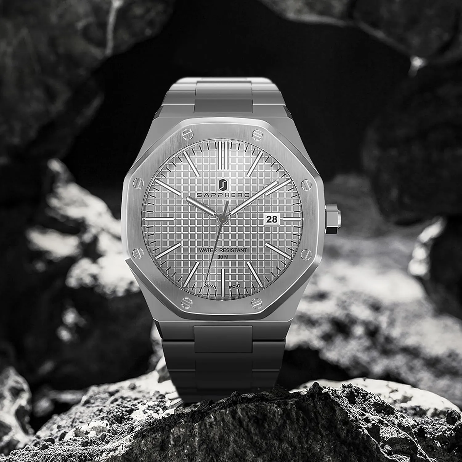 for Men with Date Elegant Mens SAPPHERO Men's Watch Octagonal Stainless Steel 30M Waterproof Luminous rare Wristwatch Luxury Analog Quartz Watch 