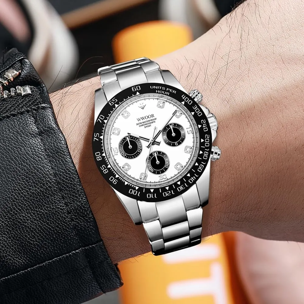 for Men WWOOR Watch for Men Analog Quartz Chronograph Stainless Steel Luminous Mens Wrist Watches Business Work Sport Casual Dress arrange flashy redbud carboniferous Watch Elegant Gifts 