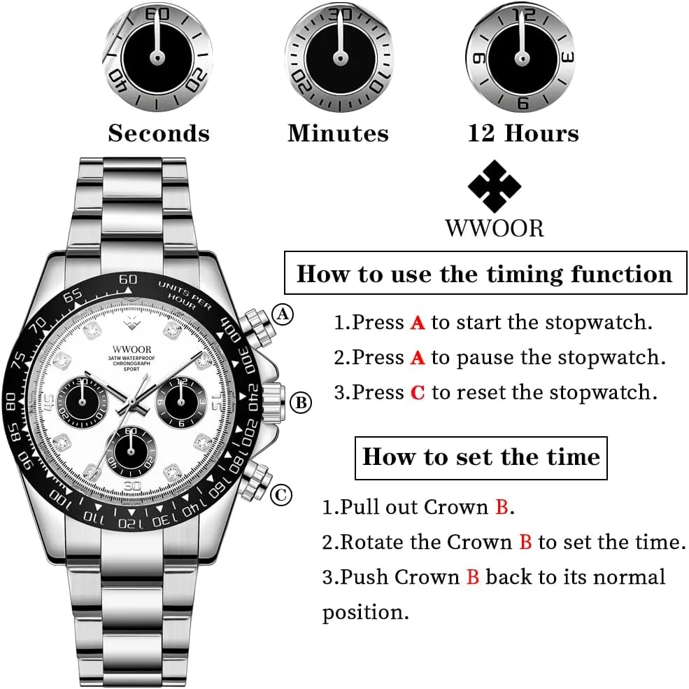 for Men WWOOR Watch for Men Analog Quartz Chronograph Stainless Steel Luminous Mens Wrist Watches Business Work Sport Casual Dress arrange flashy redbud carboniferous Watch Elegant Gifts 