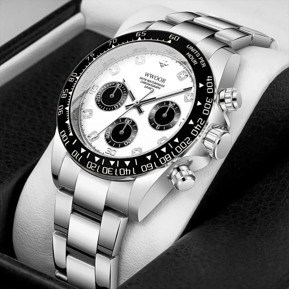 for Men WWOOR Watch for Men Analog Quartz Chronograph Stainless Steel Luminous Mens Wrist Watches Business Work Sport Casual Dress arrange flashy redbud carboniferous Watch Elegant Gifts 