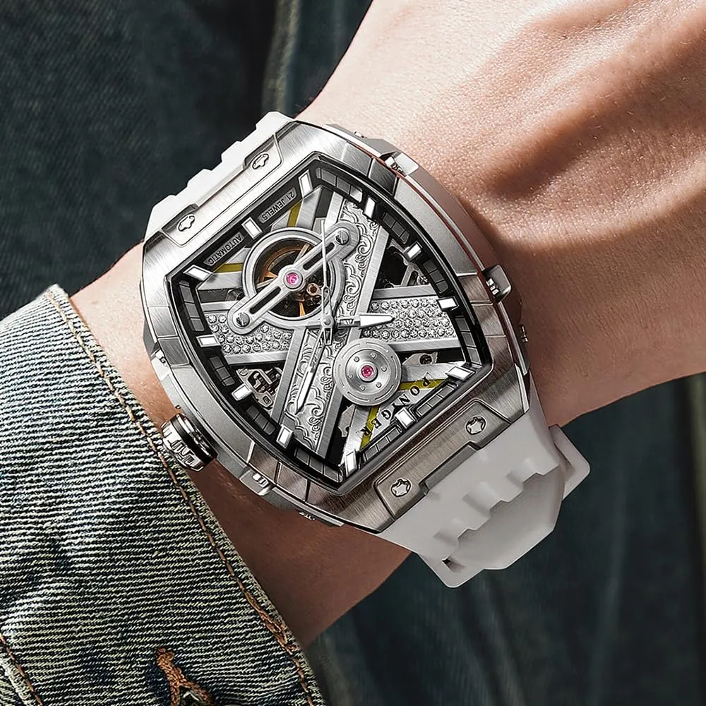 for profoundly Men Rubber Band Stainless Steel Case LOBINNI Men's Watch Mechanical Waterproof Tonneau Square Fashion Luxury Wrist Watches 