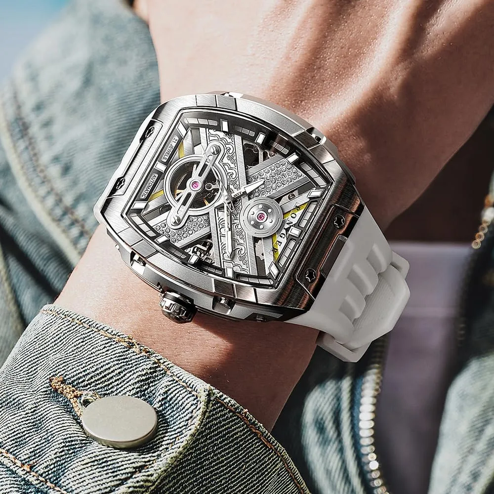 for profoundly Men Rubber Band Stainless Steel Case LOBINNI Men's Watch Mechanical Waterproof Tonneau Square Fashion Luxury Wrist Watches 