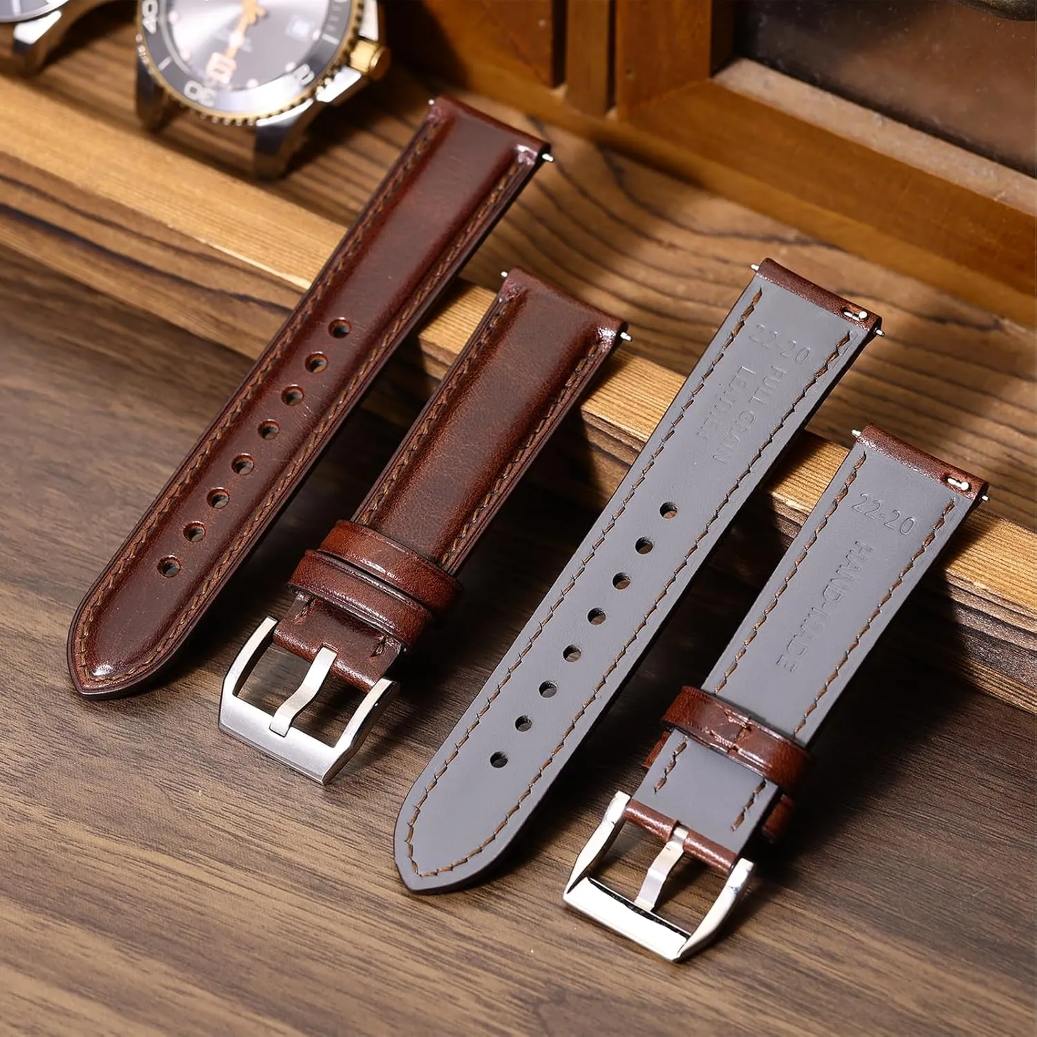 Full-Grain Vegetable-Tanned Leather buckle Watch Bracelets, Sturdy & Wear-Resistant, Watch Band Replacements for Men 19/20/21/22/24mm REZERO Leather Watch Bands, Handmade Quick Release Watch Straps, Luxury 