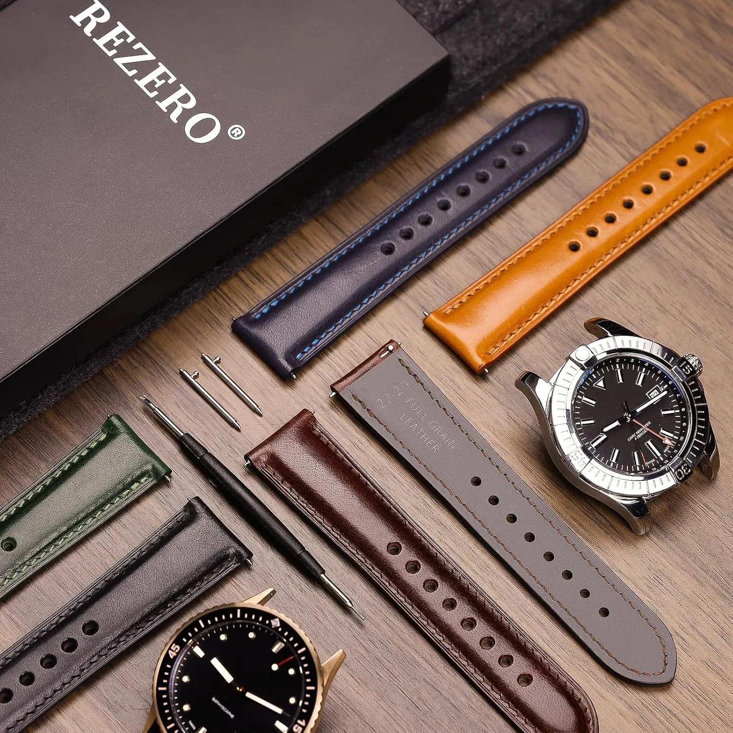 Full-Grain Vegetable-Tanned Leather buckle Watch Bracelets, Sturdy & Wear-Resistant, Watch Band Replacements for Men 19/20/21/22/24mm REZERO Leather Watch Bands, Handmade Quick Release Watch Straps, Luxury 