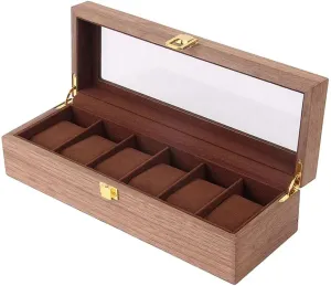 Gift for Birthday Valentine's Day - B checked misppro Vintage 6 Slots Watch Case for Men, Solid Wood Watch Storage Organizer Display Box with Glass Top and Velvet Lining, 