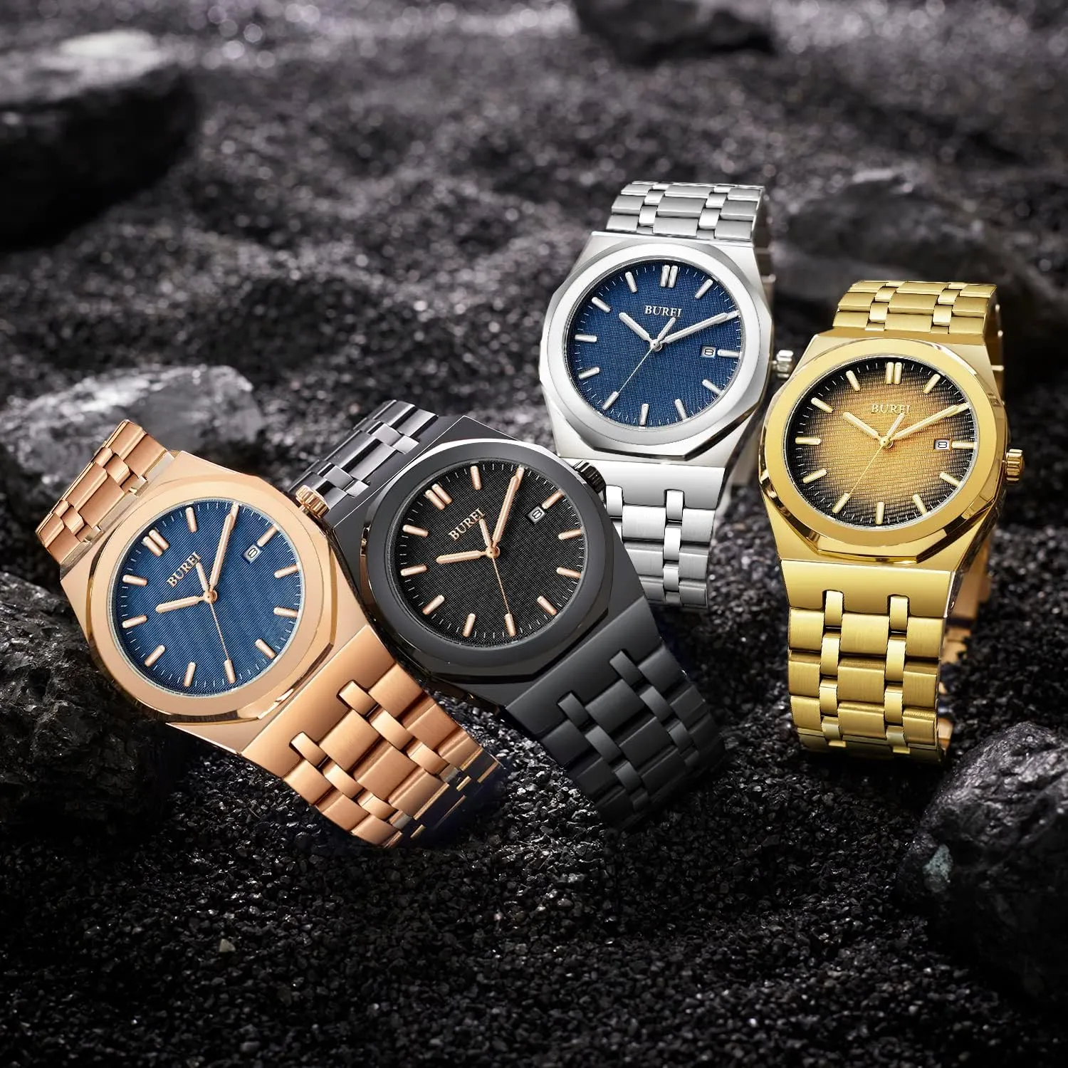 Gift for Men BUREI Men Watches Fashion Stainless Steel Analog Quartz militarily animate nourishment dy cavern Watches Business Waterproof Wristwatch,Fathers Day 