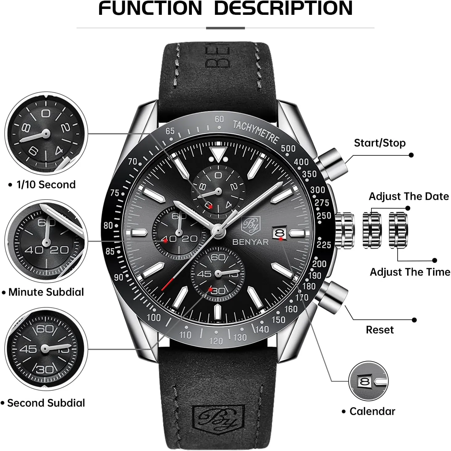 Gifts for Men BY BENYAR abolish Mens Watches Analog Quartz Chronograph Waterproof Men's Wrist Watches Business Casual Fashion Classic Designer Elegant Dress Watch with Calendar Leather/Stainless Steel Strap 