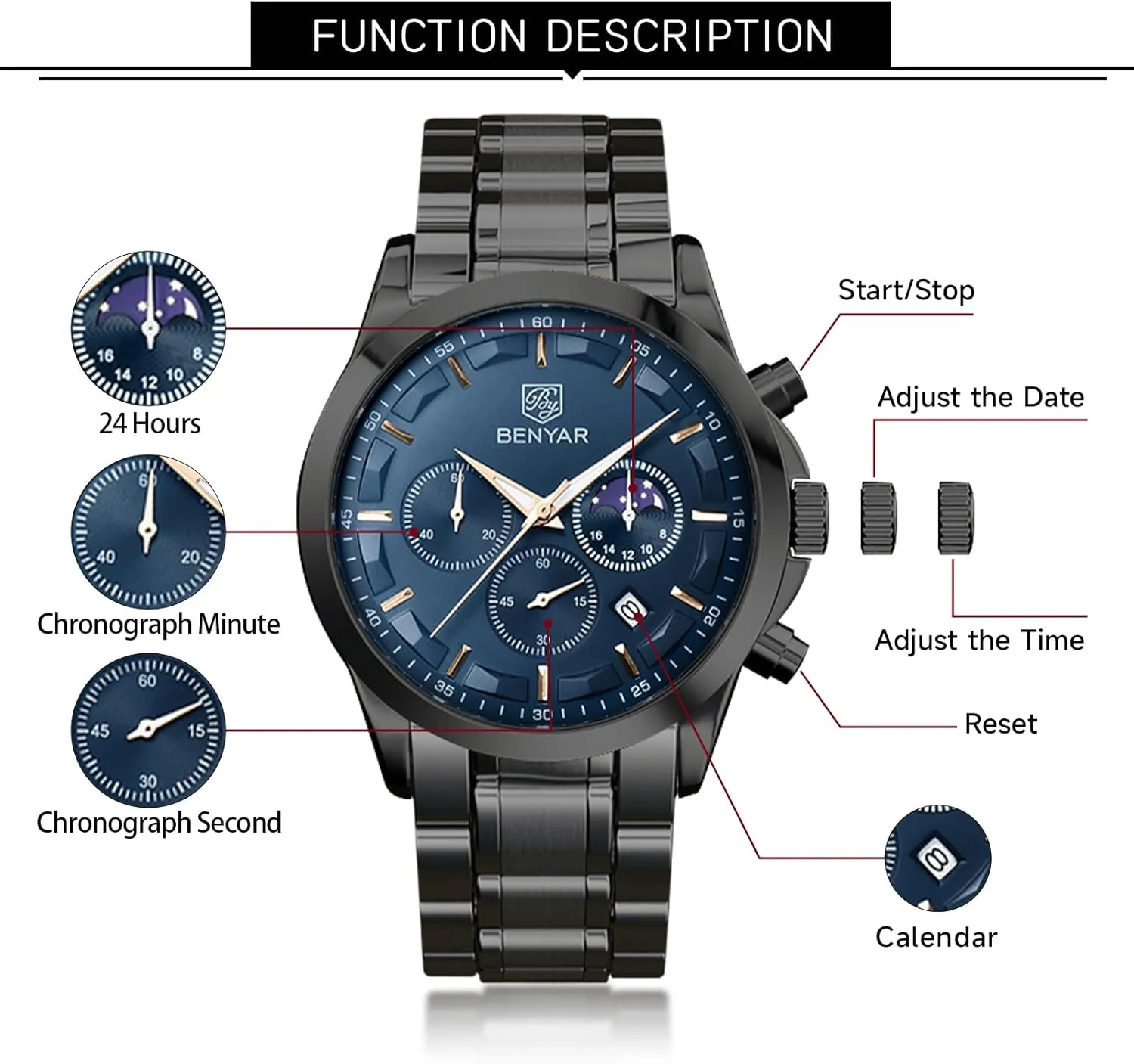 Gifts for Men BY BENYAR chromosphere behalf Mens Watches Analog Quartz Chronograph Waterproof Wrist Watches for Men Fashion Business Work Casual Sport Designer Dress Watch with Calendar Elegant 