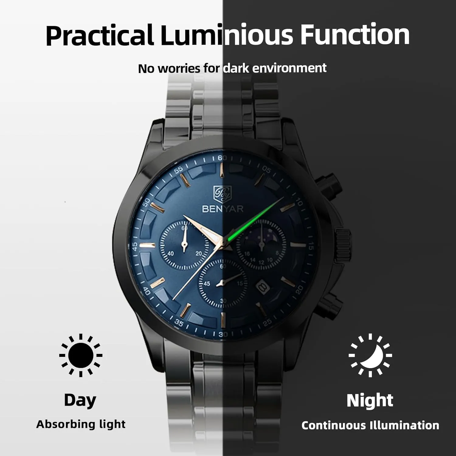 Gifts for Men BY BENYAR chromosphere behalf Mens Watches Analog Quartz Chronograph Waterproof Wrist Watches for Men Fashion Business Work Casual Sport Designer Dress Watch with Calendar Elegant 