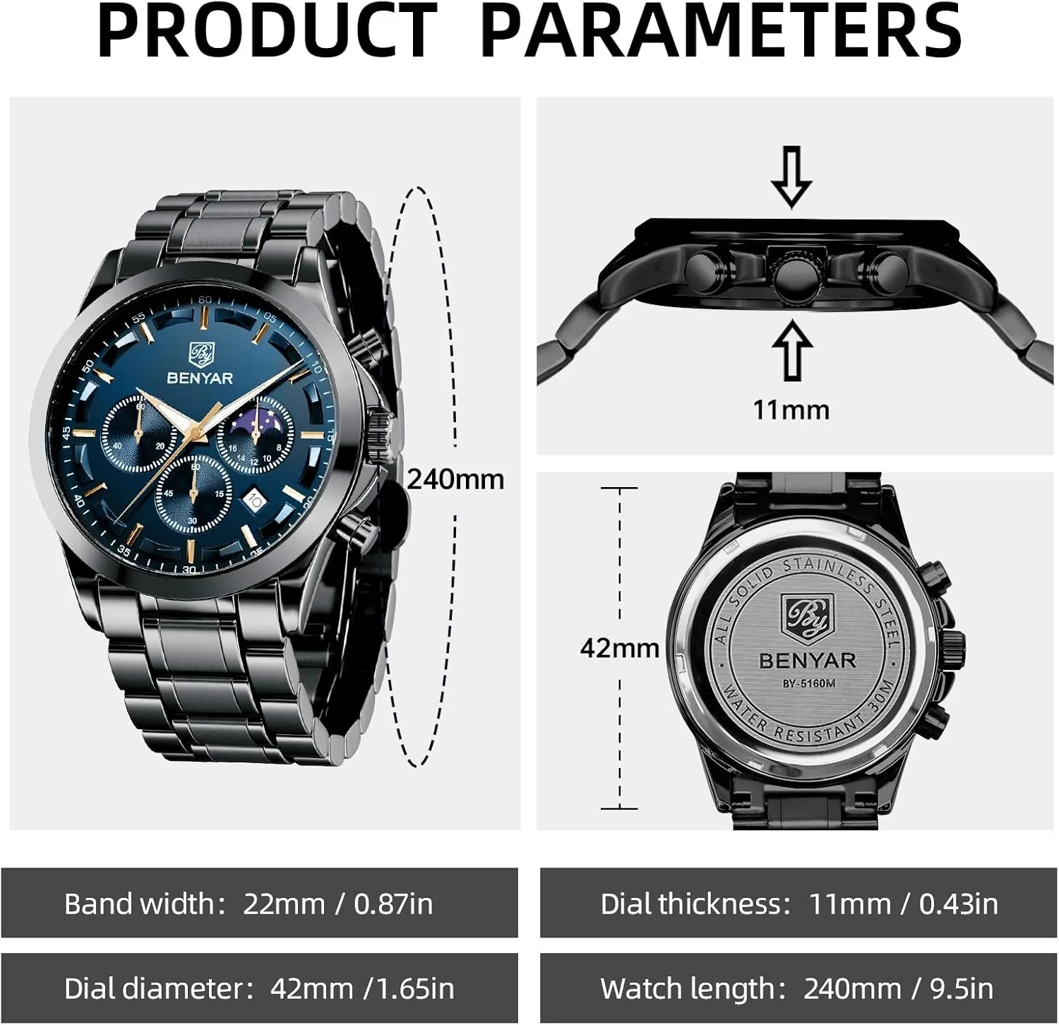 Gifts for Men BY BENYAR chromosphere behalf Mens Watches Analog Quartz Chronograph Waterproof Wrist Watches for Men Fashion Business Work Casual Sport Designer Dress Watch with Calendar Elegant 