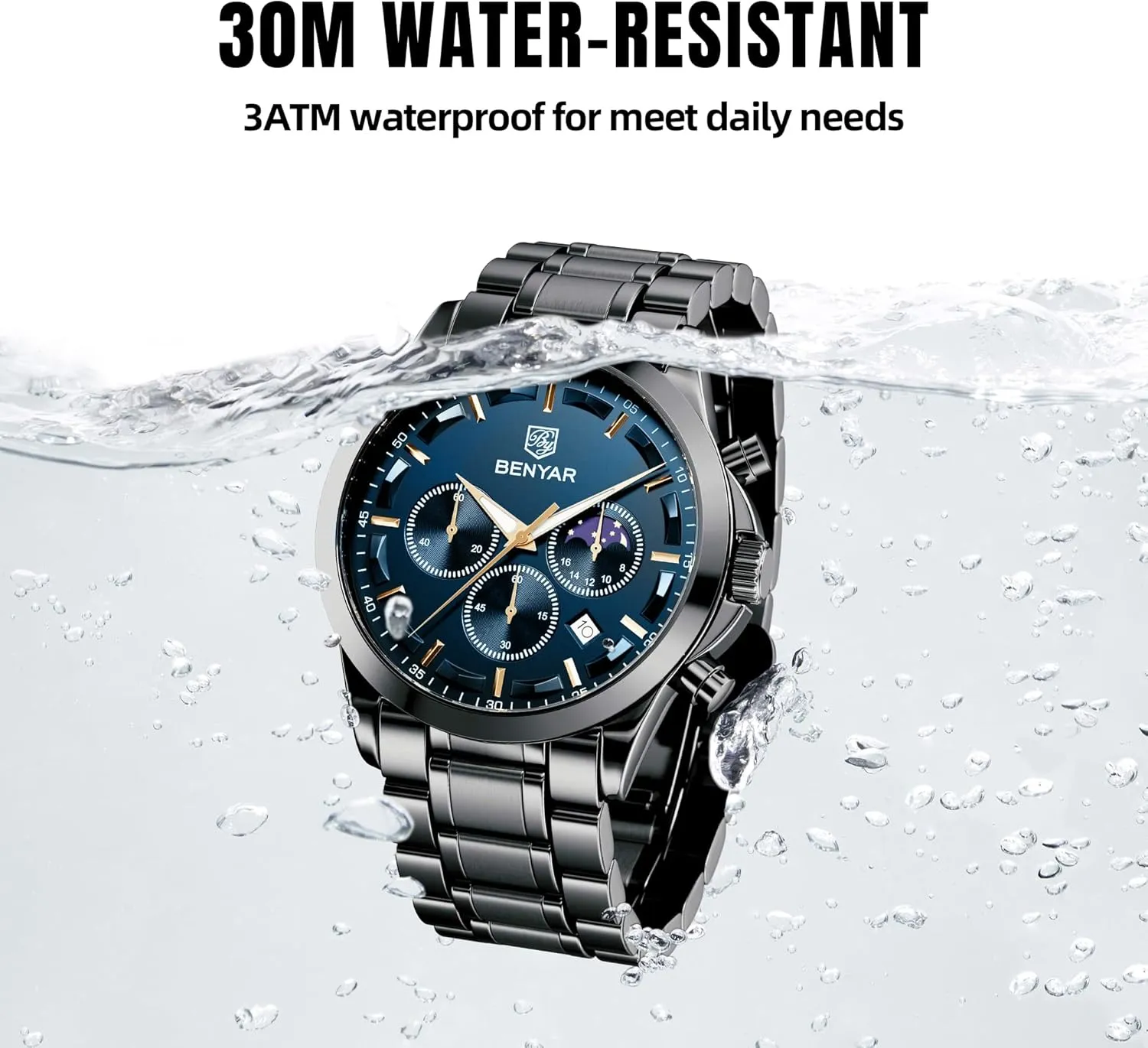 Gifts for Men BY BENYAR chromosphere behalf Mens Watches Analog Quartz Chronograph Waterproof Wrist Watches for Men Fashion Business Work Casual Sport Designer Dress Watch with Calendar Elegant 