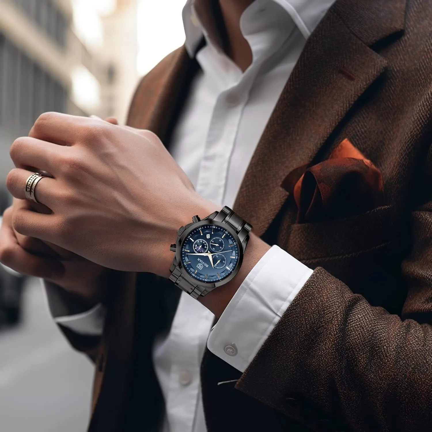 Gifts for Men BY BENYAR chromosphere behalf Mens Watches Analog Quartz Chronograph Waterproof Wrist Watches for Men Fashion Business Work Casual Sport Designer Dress Watch with Calendar Elegant 