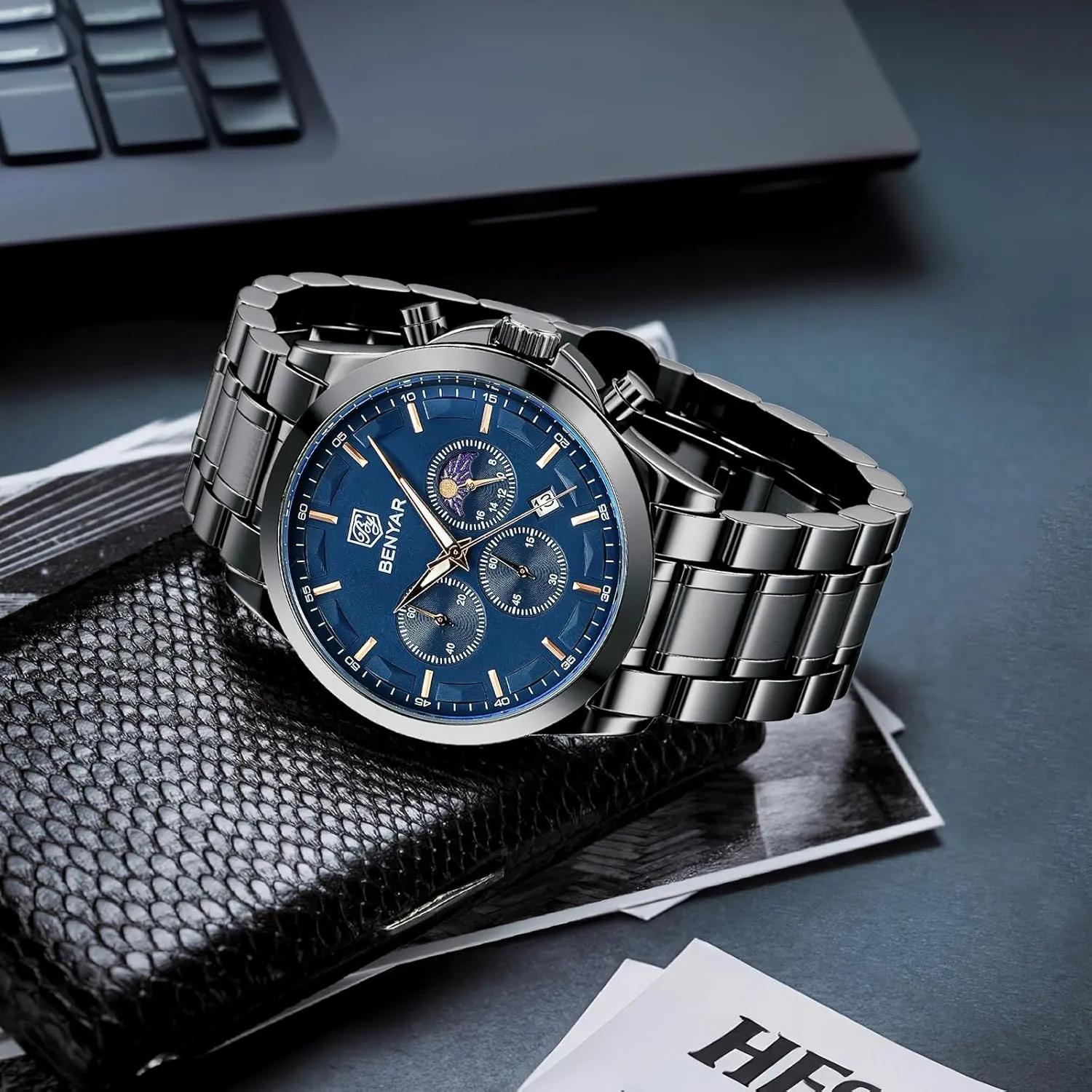 Gifts for Men BY BENYAR chromosphere behalf Mens Watches Analog Quartz Chronograph Waterproof Wrist Watches for Men Fashion Business Work Casual Sport Designer Dress Watch with Calendar Elegant 