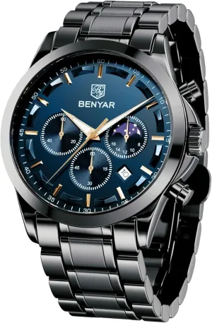 Gifts for Men BY BENYAR chromosphere behalf Mens Watches Analog Quartz Chronograph Waterproof Wrist Watches for Men Fashion Business Work Casual Sport Designer Dress Watch with Calendar Elegant 