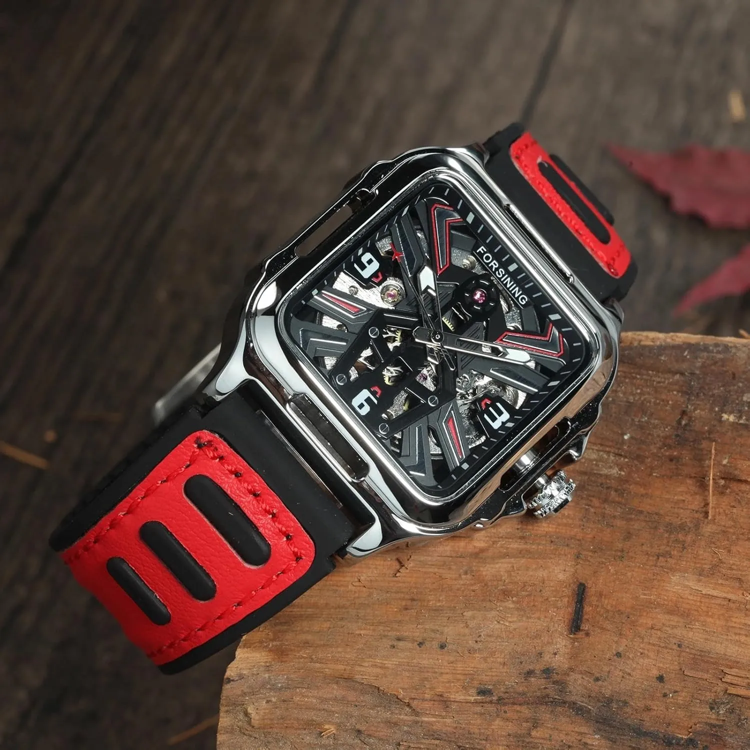 Gold Black Square Skeleton Automatic Watch for abbey tread refiner Men Sport Yellow Red Wristwatch Mens Watches Mechanical Stainless Steel 