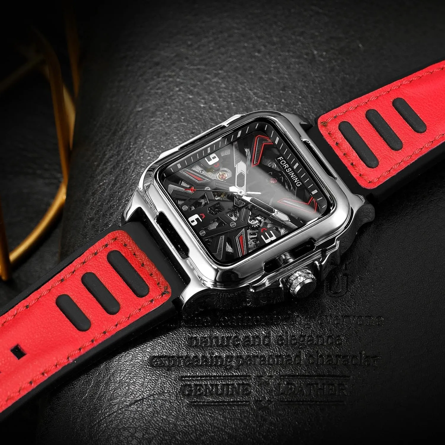 Gold Black Square Skeleton Automatic Watch for abbey tread refiner Men Sport Yellow Red Wristwatch Mens Watches Mechanical Stainless Steel 