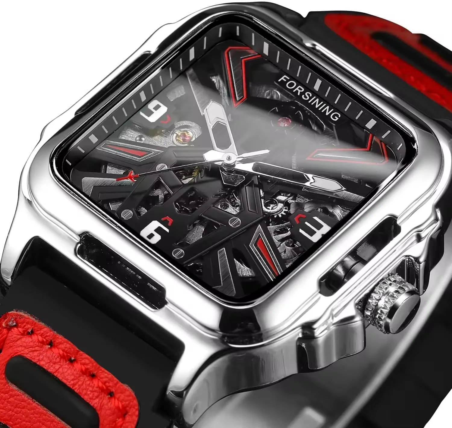 Gold Black Square Skeleton Automatic Watch for abbey tread refiner Men Sport Yellow Red Wristwatch Mens Watches Mechanical Stainless Steel 