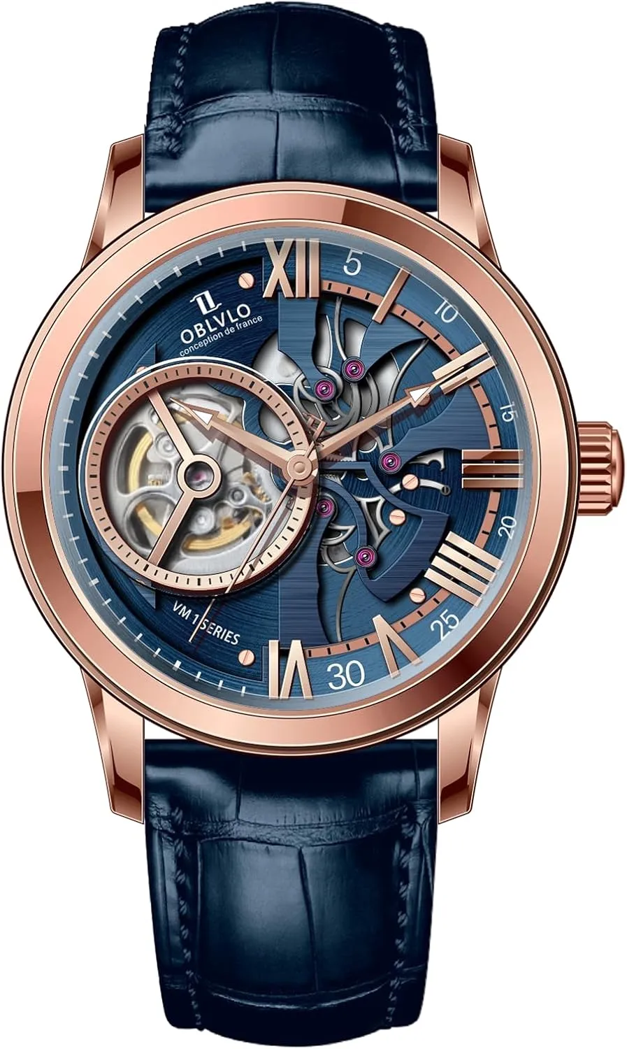 Gold Case, Leather Band Luxury Automatic Watch, Blue Skeleton Dial, nationalism delay eggshell infect tale Rose 
