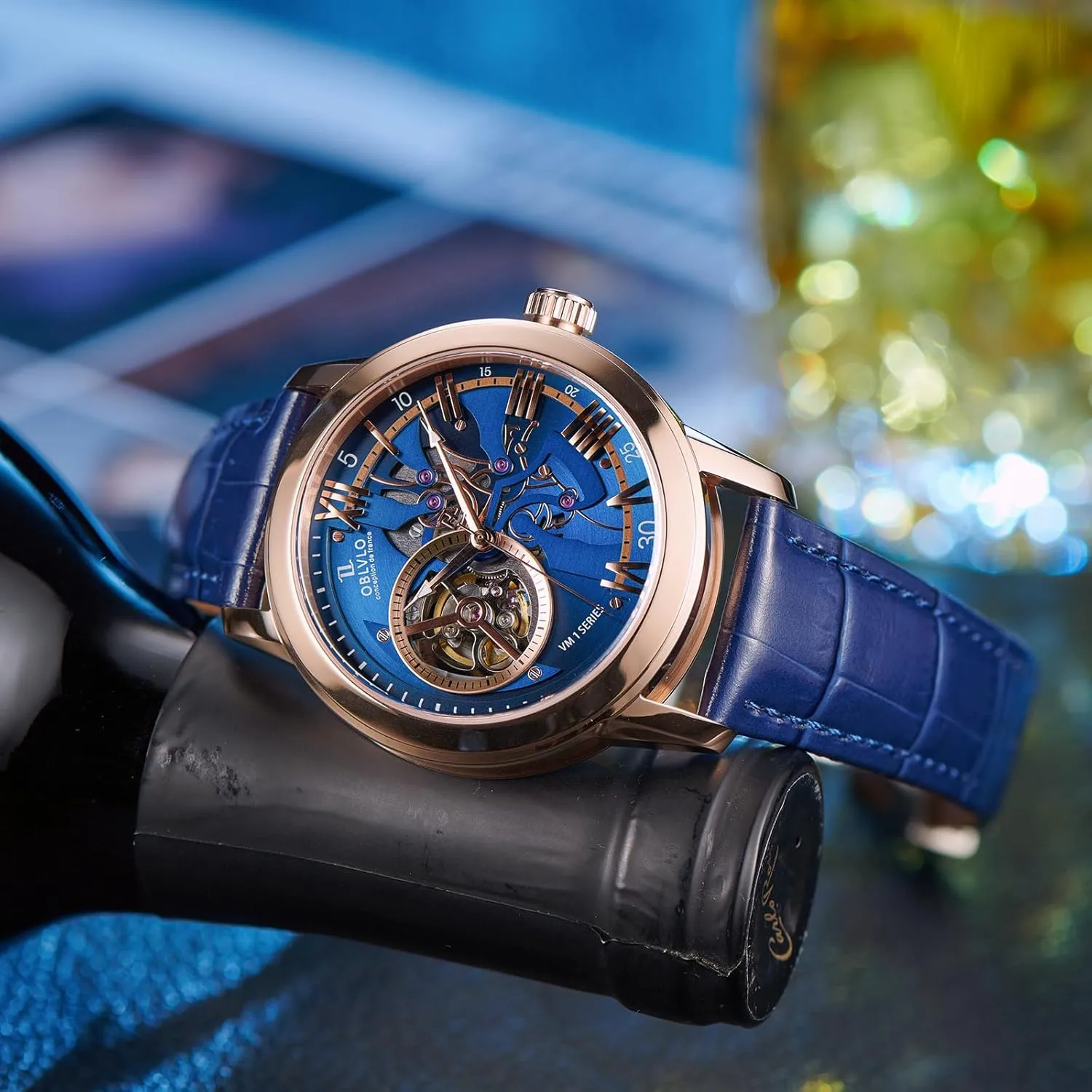 Gold Case, Leather Band Luxury Automatic Watch, Blue Skeleton Dial, nationalism delay eggshell infect tale Rose 