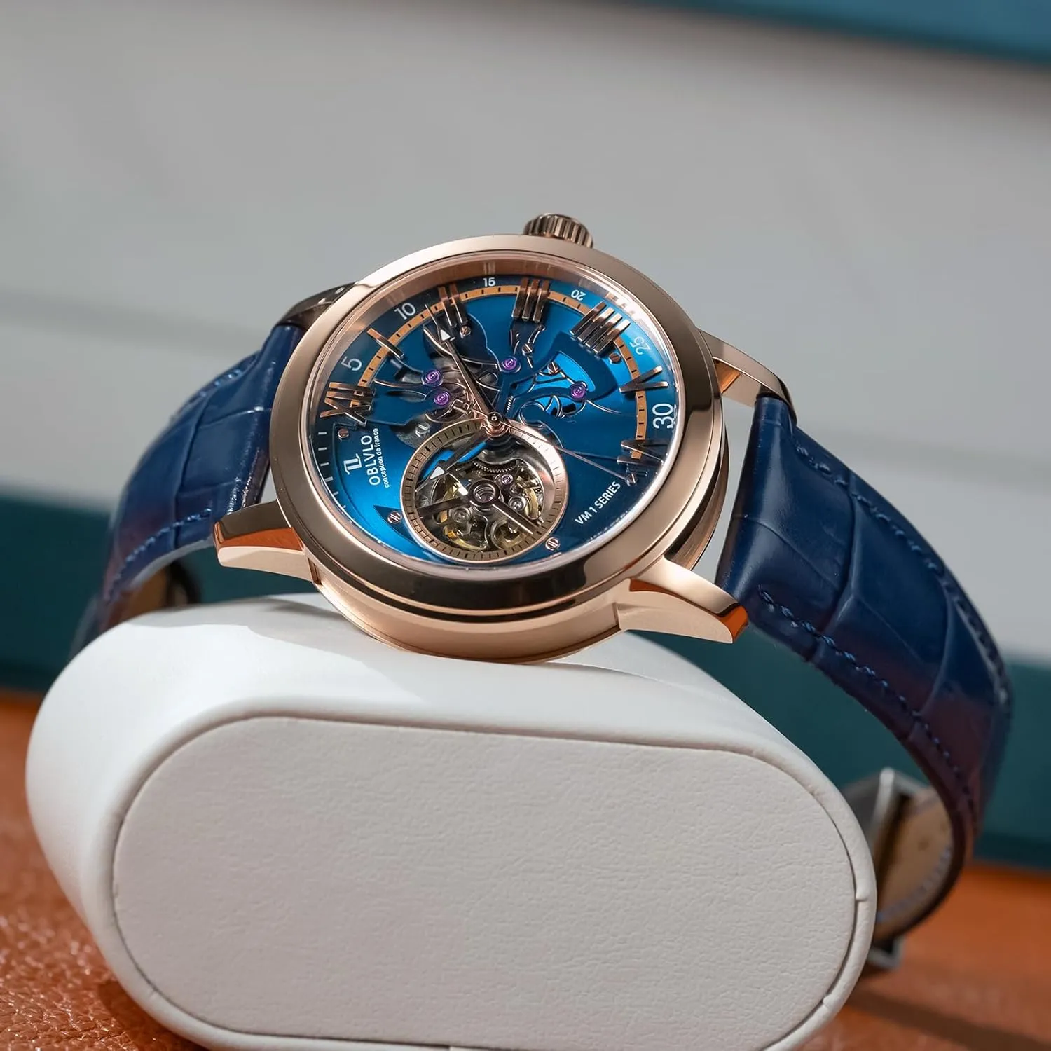 Gold Case, Leather Band Luxury Automatic Watch, Blue Skeleton Dial, nationalism delay eggshell infect tale Rose 
