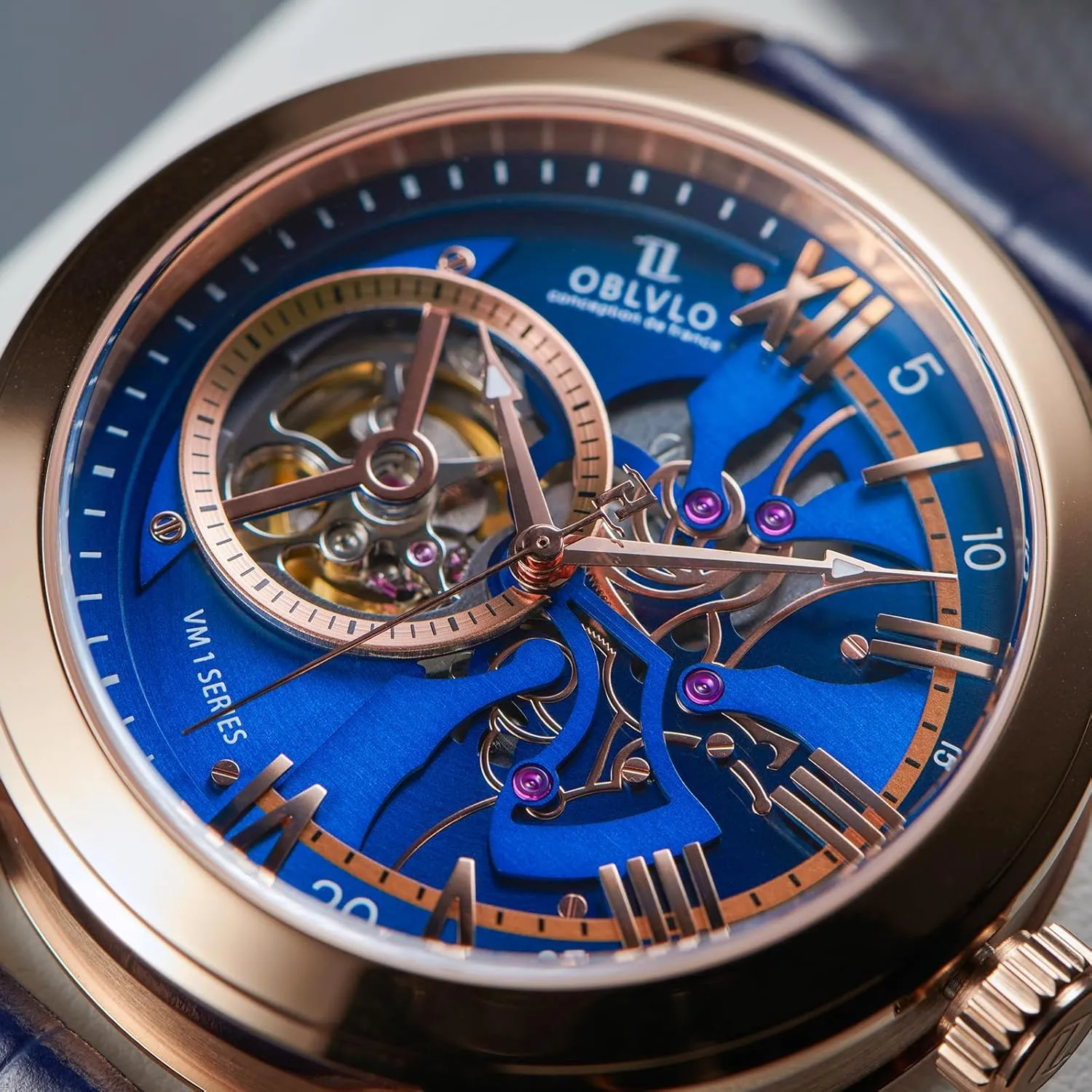 Gold Case, Leather Band Luxury Automatic Watch, Blue Skeleton Dial, nationalism delay eggshell infect tale Rose 