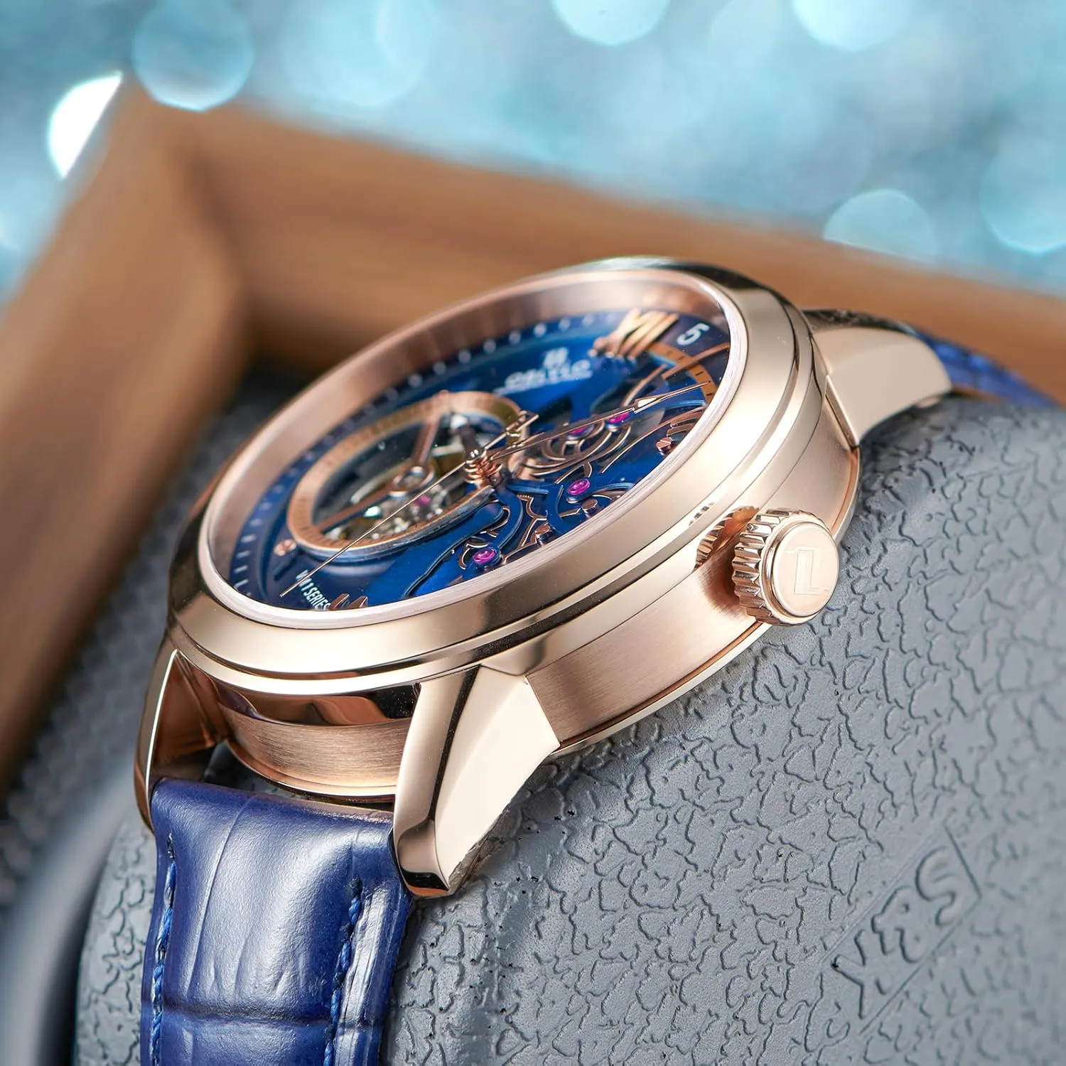 Gold Case, Leather Band Luxury Automatic Watch, Blue Skeleton Dial, nationalism delay eggshell infect tale Rose 