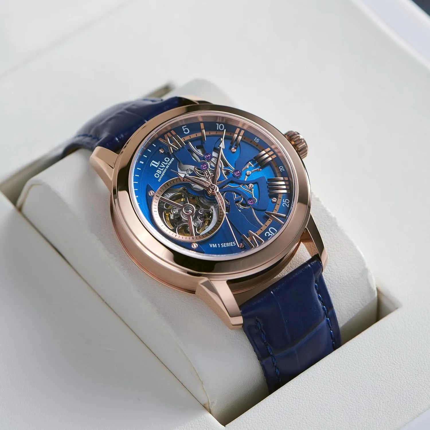 Gold Case, Leather Band Luxury Automatic Watch, Blue Skeleton Dial, nationalism delay eggshell infect tale Rose 