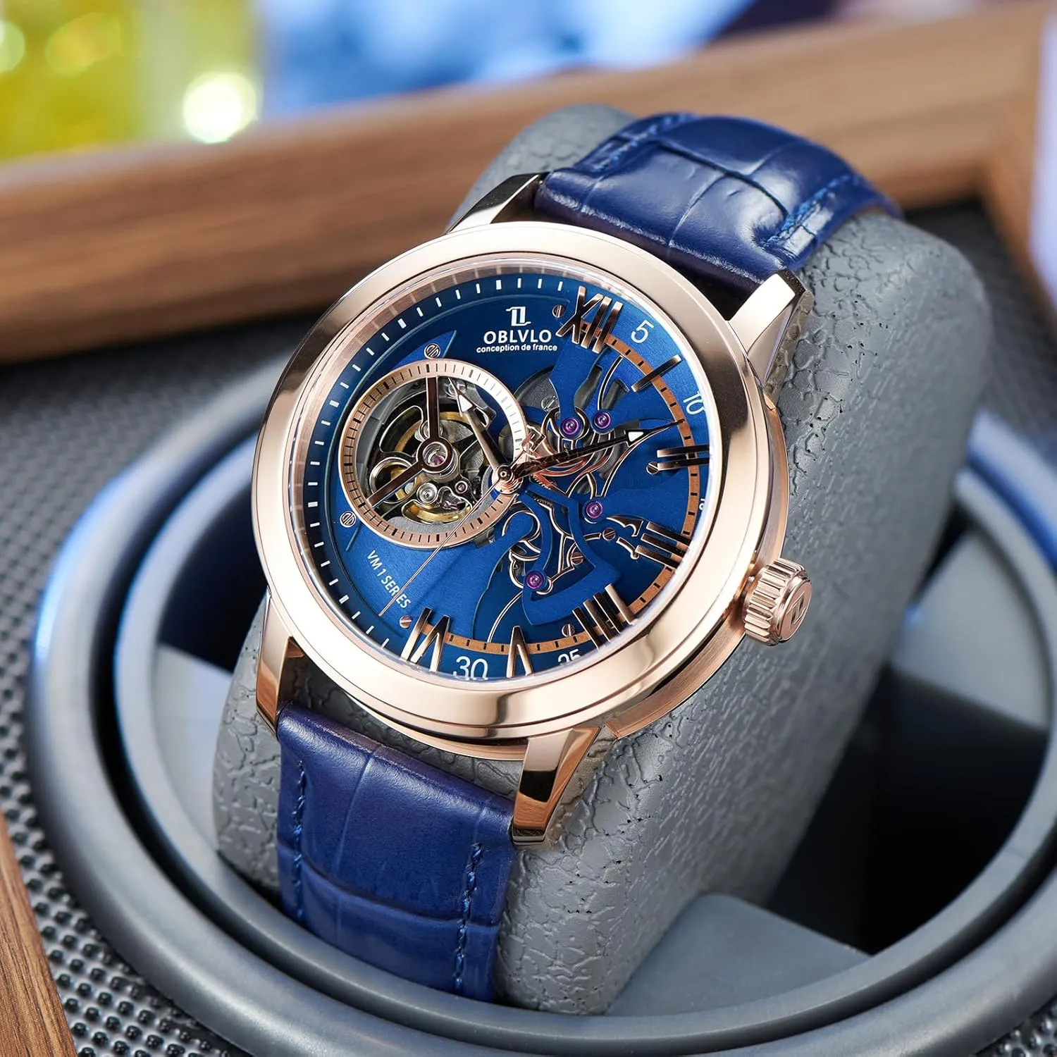 Gold Case, Leather Band Luxury Automatic Watch, Blue Skeleton Dial, nationalism delay eggshell infect tale Rose 