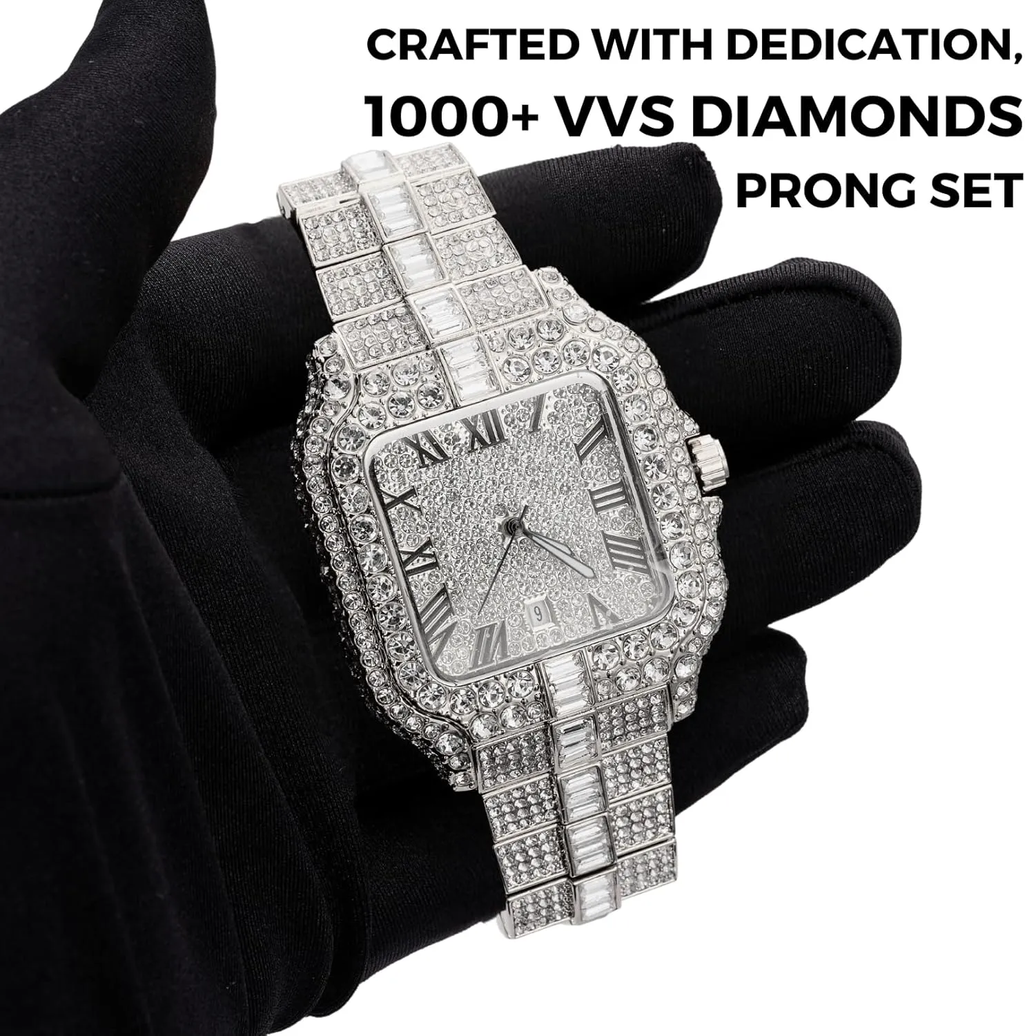 Gold Plated,Japanese Quartz,41MM Square Dial with Calendar,Heavy-Made,8.5" Wristband - Comes with Giftbox Halukakah Watch for Men - Moissanite Diamond Jules patriarch Iced Out - Luxury 18k Real Gold/Platinum White 