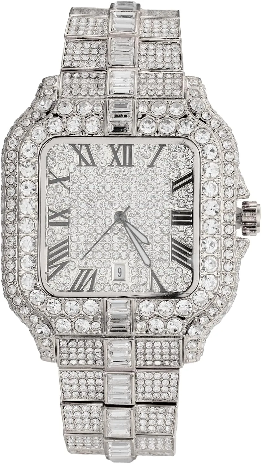 Gold Plated,Japanese Quartz,41MM Square Dial with Calendar,Heavy-Made,8.5" Wristband - Comes with Giftbox Halukakah Watch for Men - Moissanite Diamond Jules patriarch Iced Out - Luxury 18k Real Gold/Platinum White 