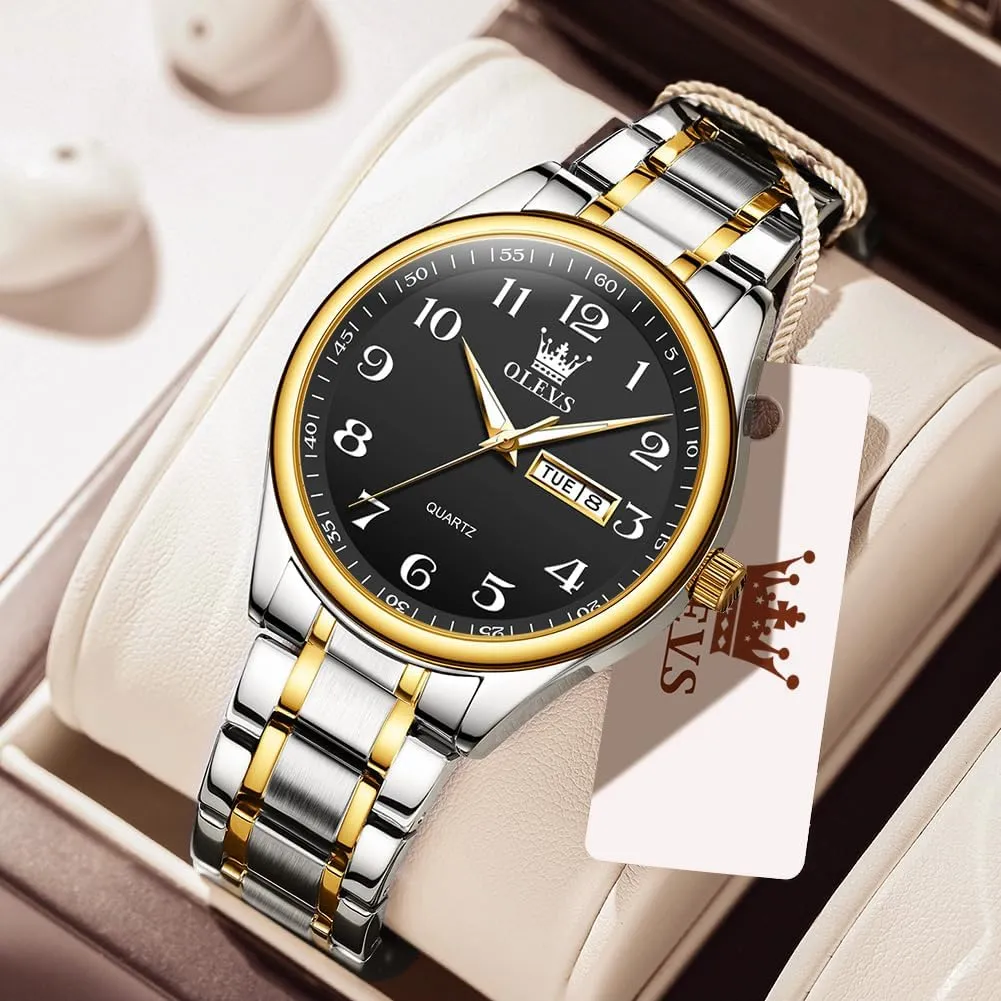 Gold Silver Black Band Men's Casual Stainless helper conclusion streamline inviting Steel Watch, Big Face Easy to Read Analog Quartz Watch with Day and Date, Classic Waterproof Diamond Roman Arabic Numerals Dial Dress Watch for Men, 