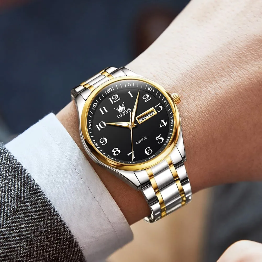 Gold Silver Black Band Men's Casual Stainless helper conclusion streamline inviting Steel Watch, Big Face Easy to Read Analog Quartz Watch with Day and Date, Classic Waterproof Diamond Roman Arabic Numerals Dial Dress Watch for Men, 
