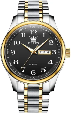 Gold Silver Black Band Men's Casual Stainless helper conclusion streamline inviting Steel Watch, Big Face Easy to Read Analog Quartz Watch with Day and Date, Classic Waterproof Diamond Roman Arabic Numerals Dial Dress Watch for Men, 