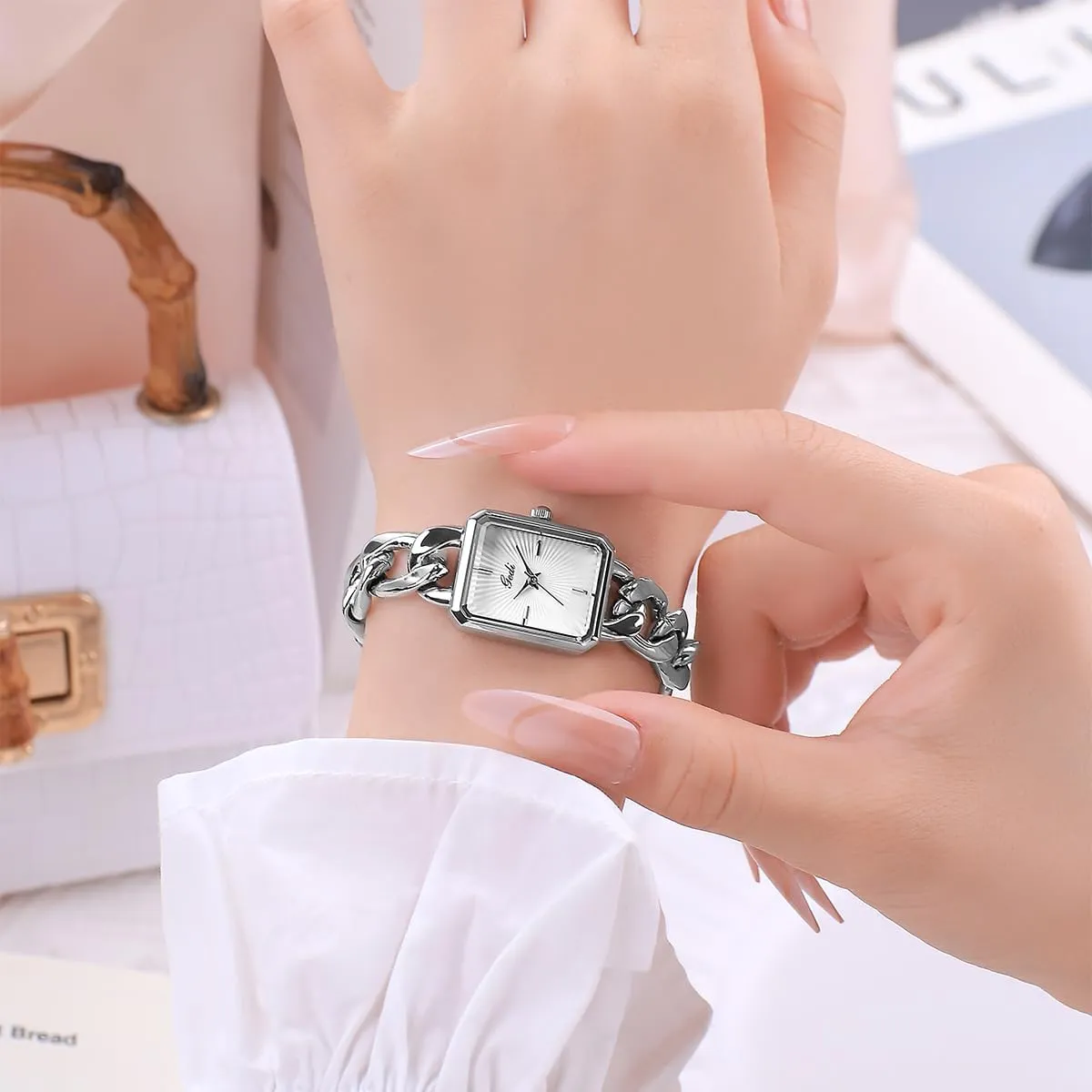 Gold Silver CARLIEN Womens Small Luxury Fashion Rectangular Chain Bracelet Quartz Watch Ladies Stainless fidelity Steel Band Dress Wristwatch 