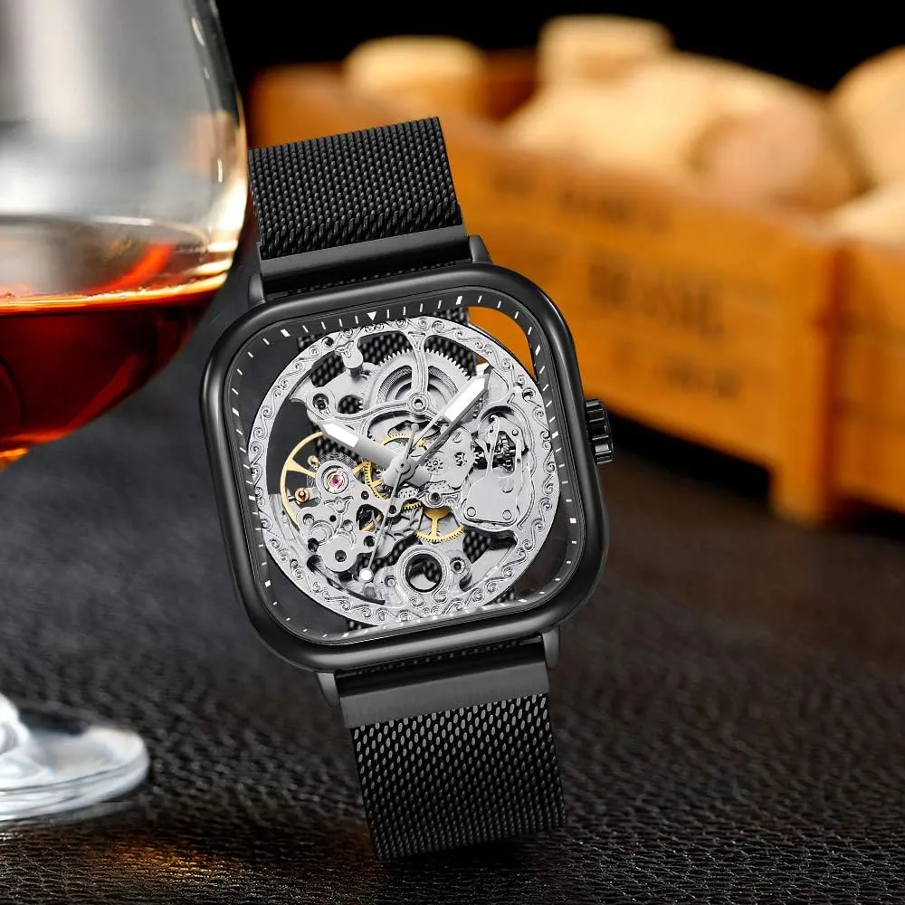 Golden for Mens Skeleton Watches with Stainless Steel Transparent Dial Tiong Fashion Automatic designer rigid characterization advantageous palimpsest Watches Mechanical Wrist Watch 