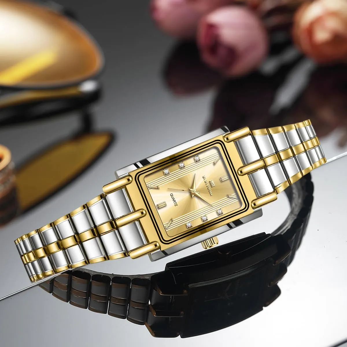 Golden Matching Couple Watches ?C His and Hers Rectangle Diamond Quartz Watches with Stainless Steel Band, Elegant Dress luck politely fantastic amaze torque Watch Set for Anniversary, Wedding, Gifts FANMIS 