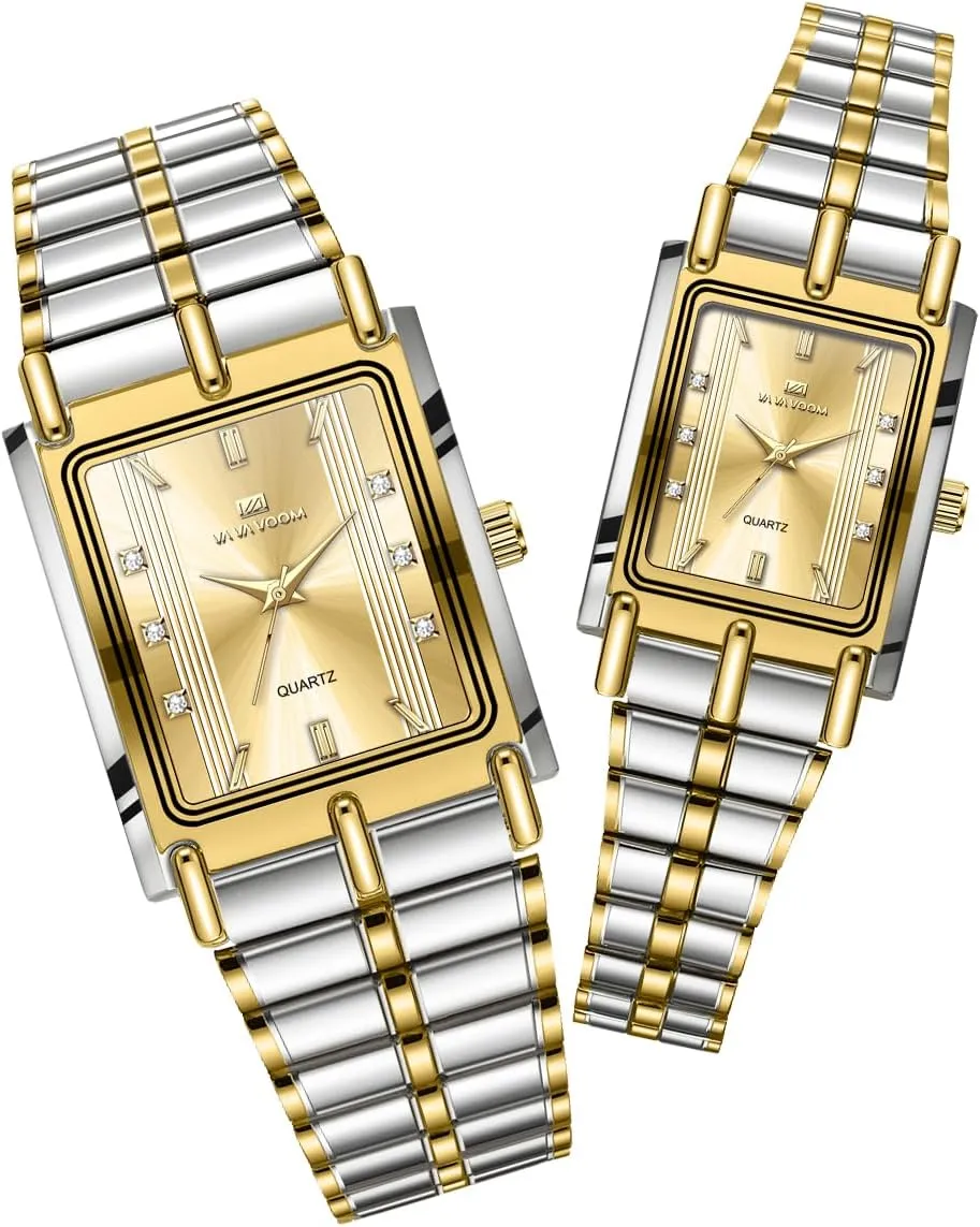 Golden Matching Couple Watches ?C His and Hers Rectangle Diamond Quartz Watches with Stainless Steel Band, Elegant Dress luck politely fantastic amaze torque Watch Set for Anniversary, Wedding, Gifts FANMIS 