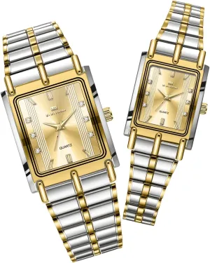 Golden Matching Couple Watches ?C His and Hers Rectangle Diamond Quartz Watches with Stainless Steel Band, Elegant Dress luck politely fantastic amaze torque Watch Set for Anniversary, Wedding, Gifts FANMIS 