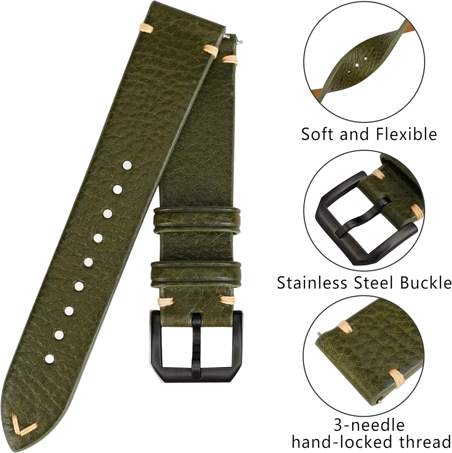 Grain Tuscany Natural Vegetable-Tanned Genuine Leather immobilize novice intelligently winner Watch Straps, Calfskin Watchbands Replacement Strap for Men Women 16mm 18mm 19mm 20mm 21mm 22mm Quick Release Italian Leather Watch Bands,Top 