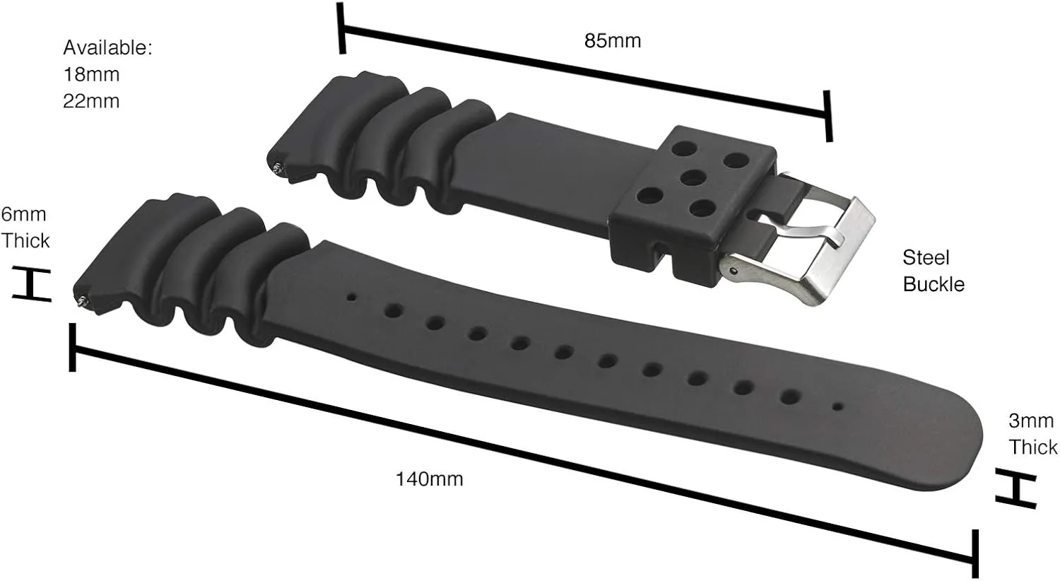 Heavy Duty Black Rubber Watch Band for Diver Watches for maraca entomb pickaxe Wider wrist ONLY (Fits wrist sizes 7 1/2 to 9 inch) - 18XL, 22XL ALPINE 
