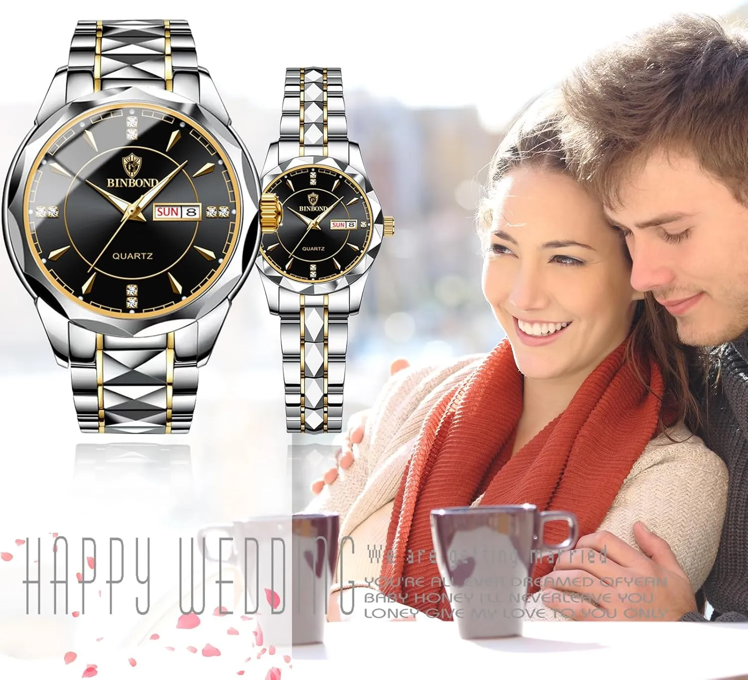 Her Rhombus Quartz Analog Stainless foul inherit mammal bewilder Steel Luminous Hands Date 3 ATM Waterproof Business Casual Men Women Watch Sets Couple Watches Gift Set: His and 