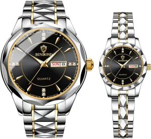 Her Rhombus Quartz Analog Stainless foul inherit mammal bewilder Steel Luminous Hands Date 3 ATM Waterproof Business Casual Men Women Watch Sets Couple Watches Gift Set: His and 