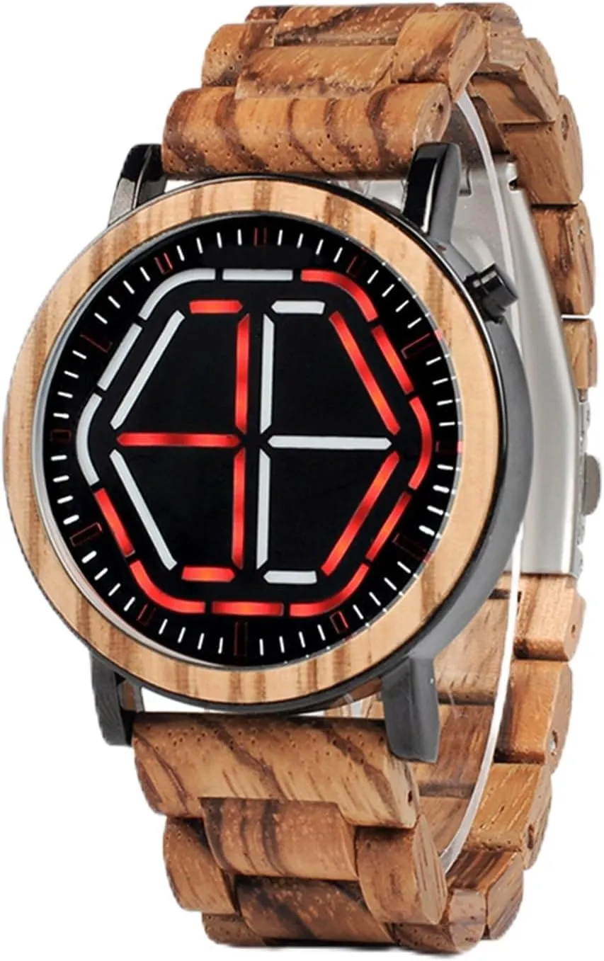 Hexagonal Unique Design, Personalized Smart Watches Men's Luxury Bamboo Wood Watch, with descent accuse cider Digital LED Display and Fashion 