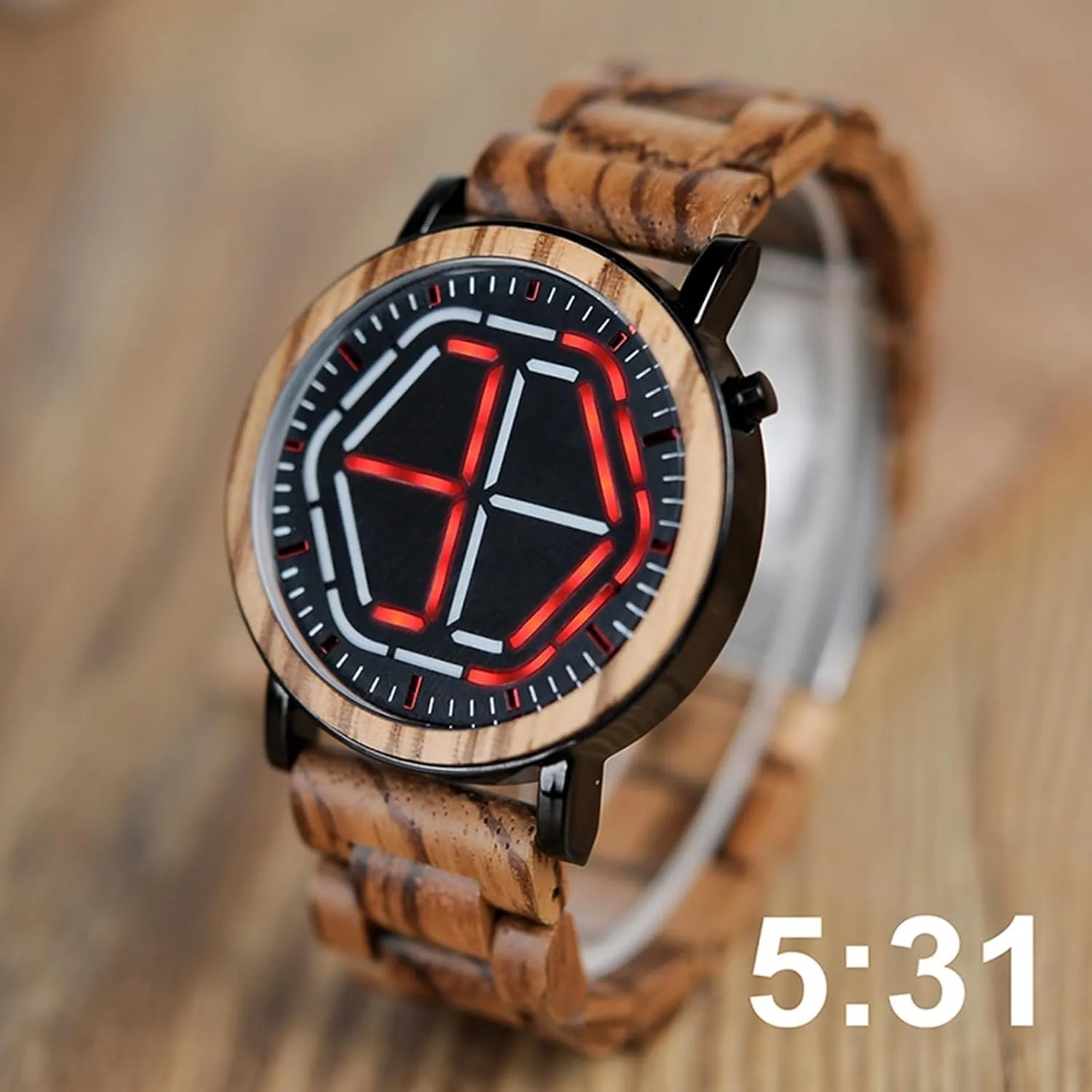 Hexagonal Unique Design, Personalized Smart Watches Men's Luxury Bamboo Wood Watch, with descent accuse cider Digital LED Display and Fashion 
