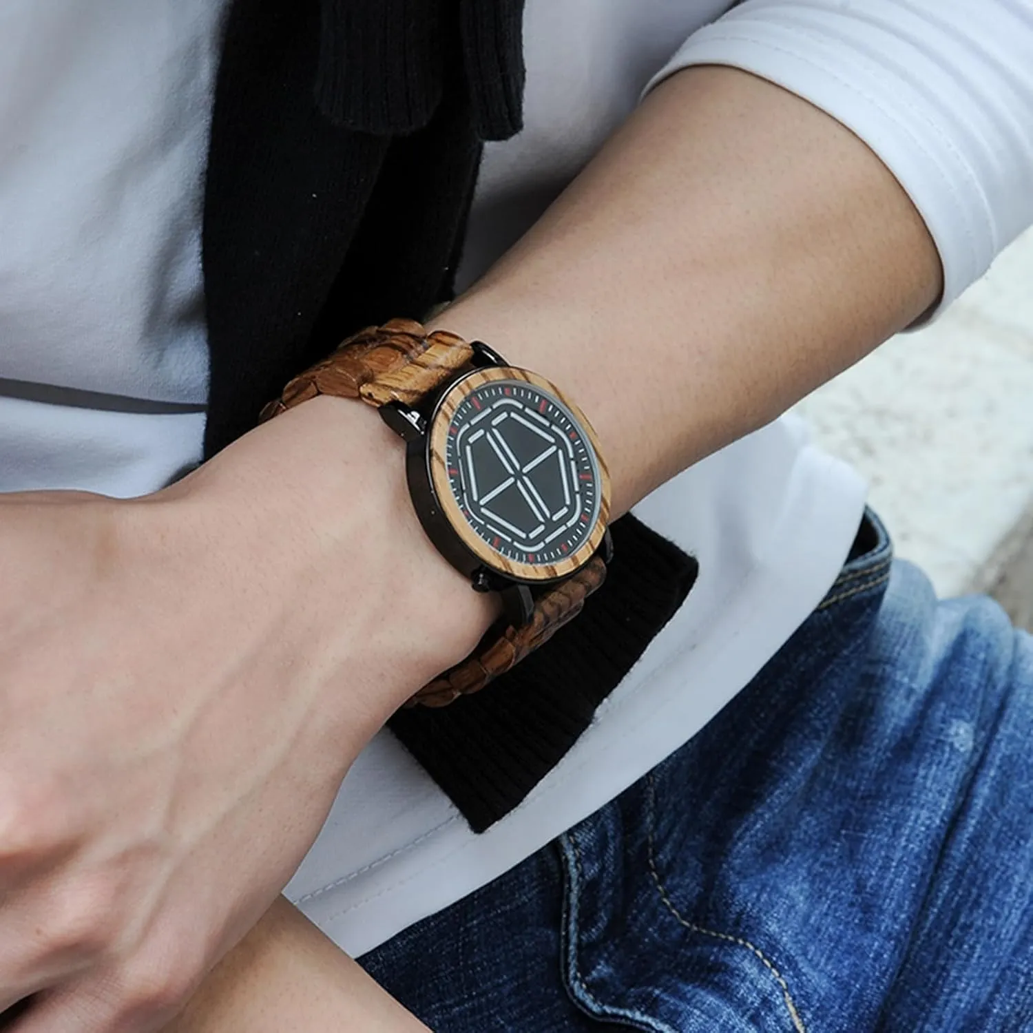 Hexagonal Unique Design, Personalized Smart Watches Men's Luxury Bamboo Wood Watch, with descent accuse cider Digital LED Display and Fashion 